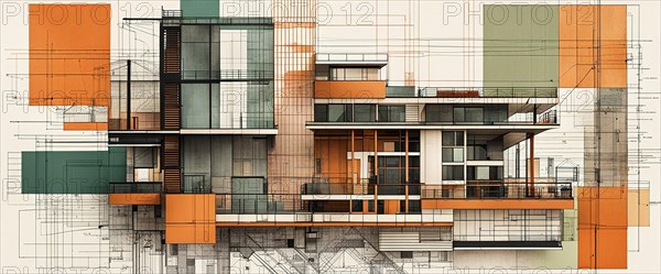 Artistic representation of a modern residential building with a blend of sketch and green orange color palette, horizontal aspect ratio, off white background, AI generated