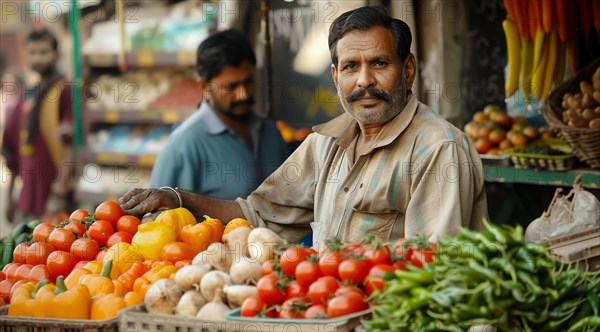 Market vendor with a mustache selling fresh vegetables, with a focused expression, ai generated, AI generated