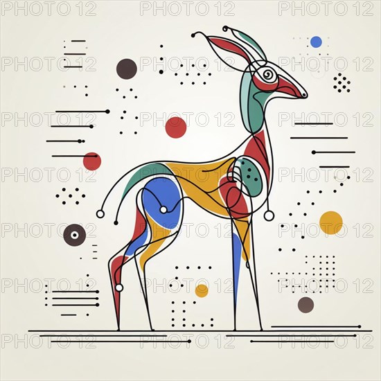 Stylized geometric abstract of a colorful deer with modern art influences, continuous line art, creature is stylized and simplified to the most basic geometric forms, exaggerated features, adorned with splashes of primary colors, clean white solid background, with subtle geometric shapes and thin, straight lines that intersect with dotted nodes and overlap the figures. The overall aesthetic is modern and contemporary, AI generated