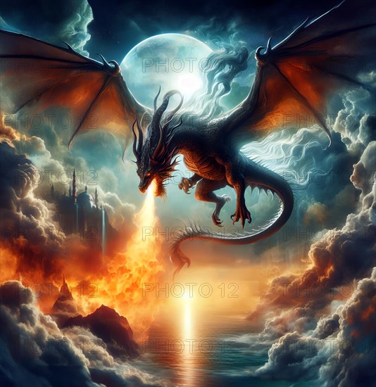 A fire-breathing dragon flies in the sky, symbolic image fantasy, fantasy, fairy tale, myth, fictional, AI generated, AI generated