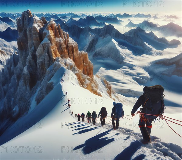 A rope team of mountaineers climbs up a steep snowy slope in the mountains, symbolic image mountaineering, climbing, mountain landscape, extreme sport, mountain hike, KI generated, AI generated