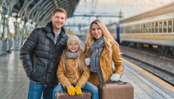 AI generated, A young family wants to travel and waits in the station for the train, 30, 35, years, blond, blonde, man, woman, child, children, 10, 12, modern, modern, suitcase, handbag, winter jacket, white, sneakers, shoes, sexy, attractive, attractive, long-haired, transport, traffic, three people, family