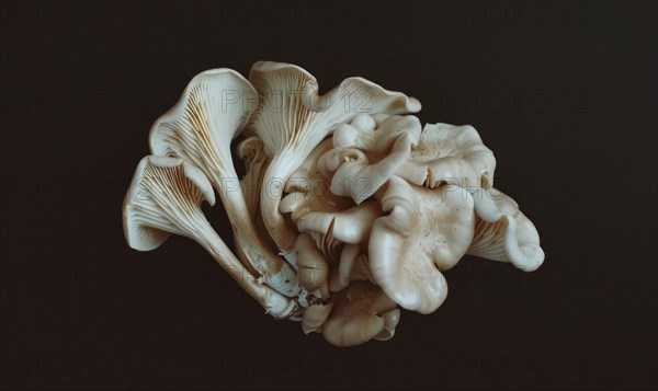 Oyster mushroom on black background, top view, close-up. AI generated
