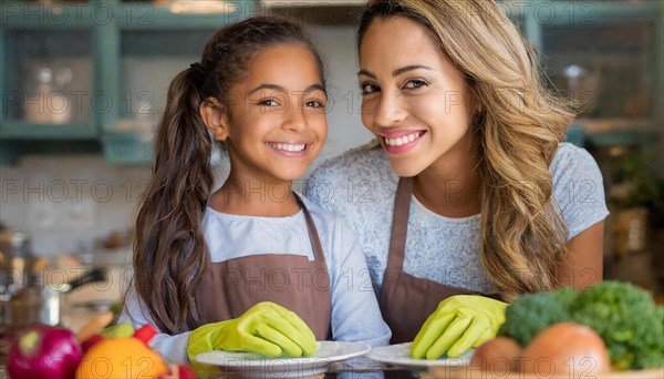 KI generated, woman, woman, 30, 35, blonde, blond, blonde, kitchen, sink, kitchen table, dishes, washing up, washing dishes, plates, cups, glasses, dishcloth, gloves, cleaning, water, polishing cloth, polishing, clean, cleanliness, housewife, mother, family, daughter, 8, 10, years