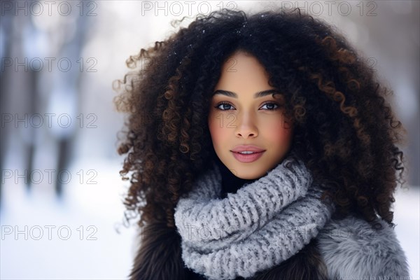 Young beautiful african american black woman with curly dark hair and winter clothes in snow. KI generiert, generiert AI generated