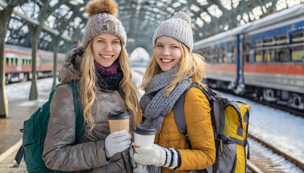 AI generated, Two young blonde woman want to travel and wait in the station for the train, 20, 25, blond, blonde, blonde, modern, modern, handbag, jeans, winter jacket, white, sneakers, shoes, bobble hat, coffee to go in hand, transport, traffic, two people, ice, snow, winter