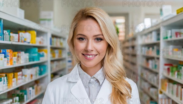 AI generated, A young pharmacist in her pharmacy, portrait, 30, 35, years, female, blonde, blond, blonde, beautiful teeth, smiles, long hair, profession, professions, medicines in the background