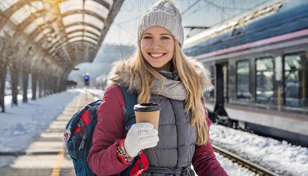 AI generated, A young blonde woman wants to travel and waits for the train at the station, 20, 25, blonde, blond, blonde, modern, noderne, aluminium suitcase, handbag, winter jacket, boots, sexy, attractive, attractive, long-haired, transport, traffic, coffee to go in hand, coffee, coffee cup