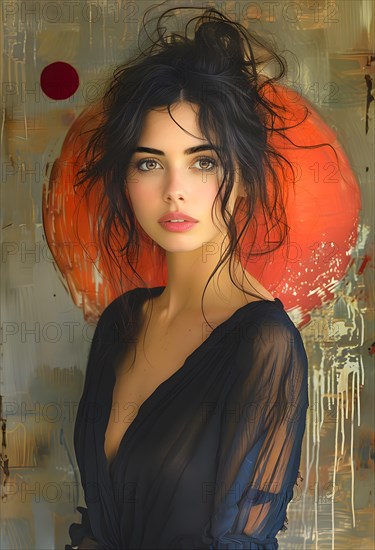 Young woman with pinned up black hair and wrapped in a silk dress, in the background a modern artistic painting, AI generated, AI generated
