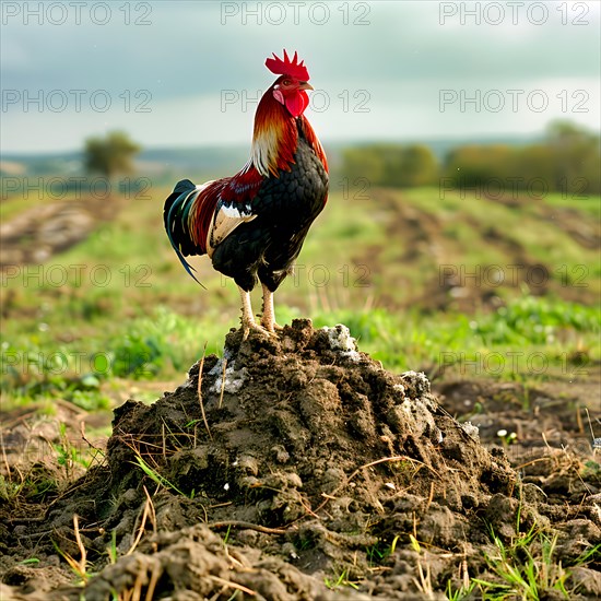 A proud, colourful rooster, standing on a molehill and looking into the surroundings, AI generated, AI generated