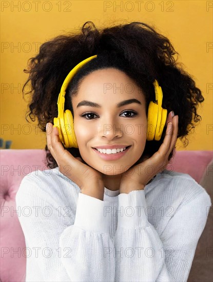 AI generated, human, humans, person, persons, woman, woman, girl, 20, years, one person, interior shot, sitting on the sofa and listening to music with headphones, relaxed, relaxed, yellow headphones, beautiful teeth, beautiful eyes, smiling, happy, dark-haired girl