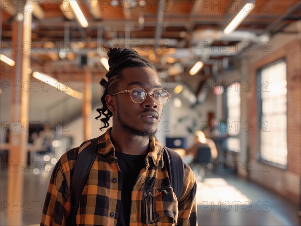 Man with dreadlocks and glasses wearing a plaid shirt, standing indoors with warm lighting, creative professional, AI generated