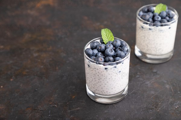Yogurt with blueberry and chia in glass on black concrete background. Side view, close up, copy space