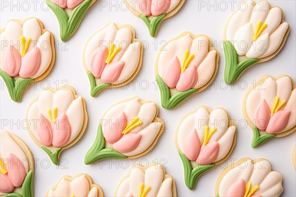 Top view of seasonal spring flower cookies with sugar icing. KI generiert, generiert AI generated