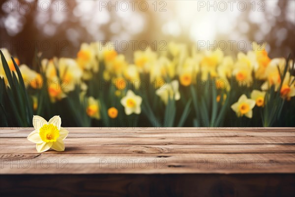 Wooden empty table with yellow Daffodil spring flowers in background. KI generiert, generiert AI generated