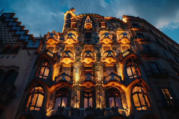 Antoni Gaudi's Casa Batllo in Paseo de Gracia avenue in Barcelona, AI generated