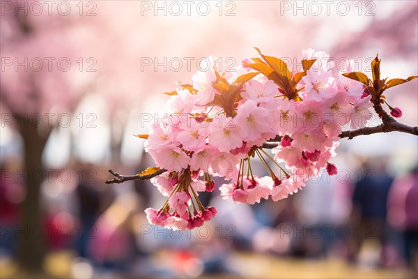Tree with Japanese pink cherry flower blossom with blurry people celebrating Hanami festival in background. KI generiert, generiert AI generated