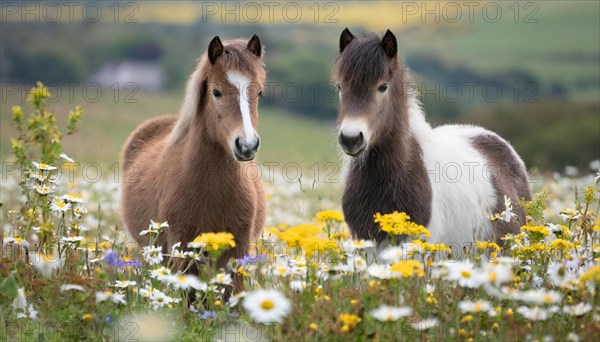 KI generated, animal, animals, mammal, mammals, biotope, habitat, two, flower meadow, foraging, wildlife, meadow, pasture, Exmoor pony, horse, horses, ungulates, English pony breed, South West England, Exmoor, (Equus ferus caballus), foal