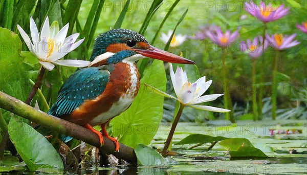 KI generated, animal, animals, bird, birds, biotope, habitat, a, individual, water, perch, reeds, water lilies, blue sky, foraging, wildlife, summer, seasons, white-throated kingfisher (Halcyon smyrnensis)