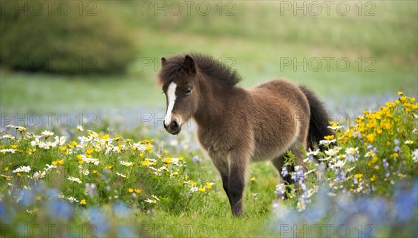 KI generated, animal, animals, mammal, mammals, biotope, habitat, one, individual animal, foraging, wildlife, meadow, pasture, Exmoor pony, horse, horses, ungulates, English pony breed, South West England, Exmoor, (Equus ferus caballus), foal, flower meadow