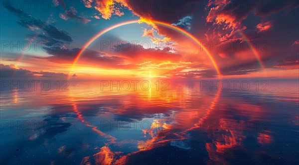 Radiant sunset under a surreal double rainbow with reflections on the ocean, ai generated, AI generated