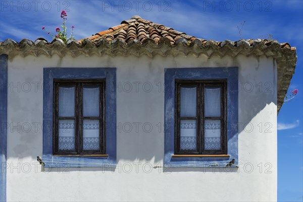 Flower-covered roof, lovely, idyllic, Mediterranean, pastel, pastel, clay plaster, lovely, blue, window, curtains, flowers, decoration, architecture, travel, holiday, Southern Europe, Monchique, Algarve, Portugal, Europe