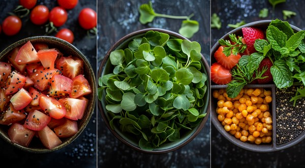 Bowls with fresh tomatoes, microgreens, and chickpeas arranged side by side, ai generated, AI generated