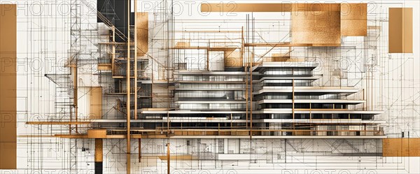 An intricate blend of architectural blueprints and a multilayered 3D model in brown tones, horizontal aspect ratio, off white background color, AI generated