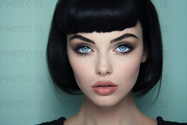 Portrait of beautiful young woman with short black hair with bangs, blue eyes and dark eye bakeup. KI generiert, generiert AI generated