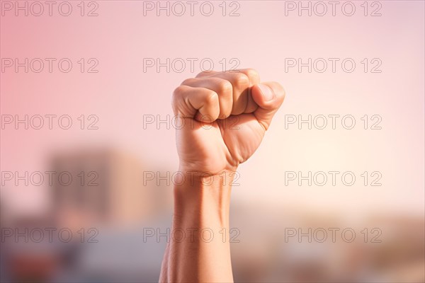 Raised fist in front of blurry background with pink sky. KI generiert, generiert AI generated