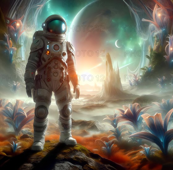 An astronaut stands in the fascinating alien landscape of an alien planet with several moons, symbolic image science fiction, space travel, space, space, AI generated, AI generated