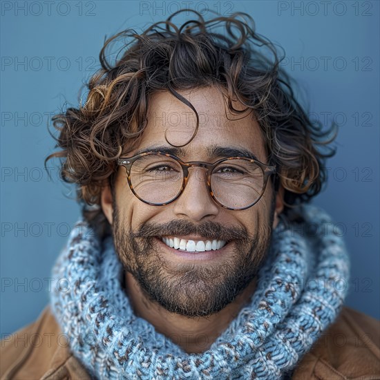 Portrait of a happy student standing in front of a colored background with a trendy sweater smiling, AI generated