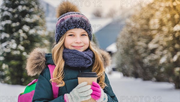 AI generates, human, humans, person, persons, child, children, girl, one person, 8, 10, years, outdoor, ice, snow, winter, seasons, drinks, drinking, coffee to go, coffee, cup, paper cup, hot drink, hat, bobble hat, gloves, winter jacket, cold, cold, backpack, school