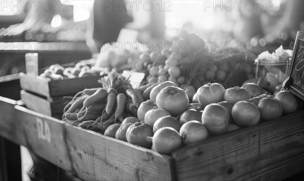 Fresh vegetables and fruits at the farmers market. Black and white photo AI generated