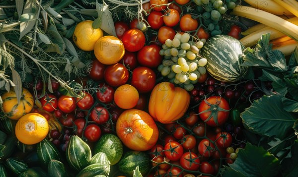 Tomatoes background. Top view of different varieties of tomatoes. Vegetables background. AI generated