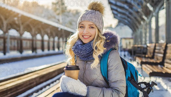 AI generated, A young blonde woman wants to travel and waits for the train at the station, 20, 25, blonde, blond, blonde, modern, noderne, aluminium suitcase, handbag, winter jacket, boots, sexy, attractive, attractive, long-haired, transport, traffic, coffee to go in hand, coffee, coffee cup