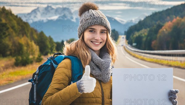 AI generated, human, humans, person, persons, woman, woman, one person, 20, 25, years, outdoor, seasons, cap, bobble hat, gloves, winter jacket, cold, cold, backpack, woman wants to travel, hitchhiking, hitchhiking, hitchhiking, road, motorway