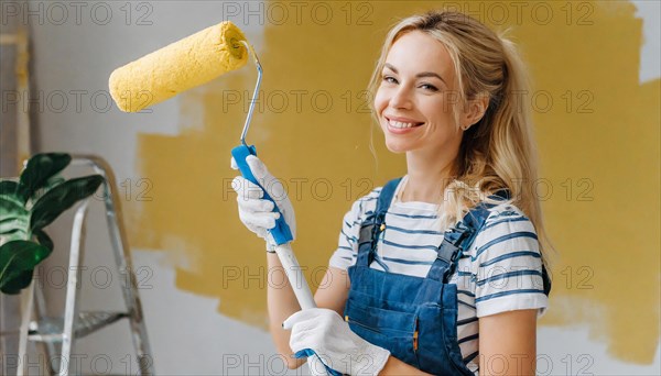 AI generated, woman, woman, a young girl paints a wall with new paint, yellow, yellow, renovation of old flat, paint roller, ladder, paint, 20, 25, years, one, one person, daughter, student, pastime, family, girl, smiling, smiling, fun at work, laughing, laughing, laughing, dungarees, jeans