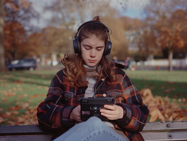 Serene young woman with headphones plays a handheld gaming console on a park bench in autumn, girl with headphones in the park, AI generated