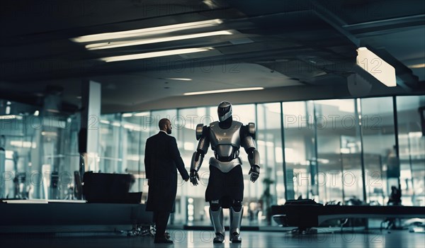 Robot bodyguard assistant to a businessman, personal security guard of a businessman, AI generated