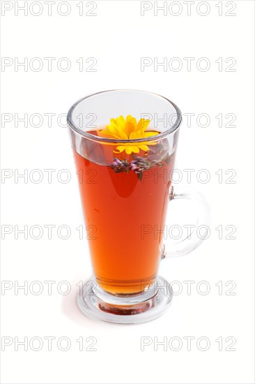Glass of herbal tea with calendula and hyssop isolated on white background. Morninig, spring, healthy drink concept. Side view, close up