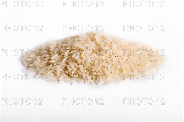 Pile of basmati rice isolated on white background. Top view