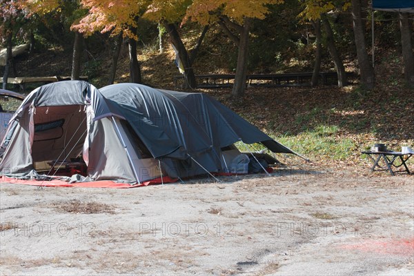 Camping tent set up in mountain park on sunny fall day with cooking pans on small wooden table in South Korea