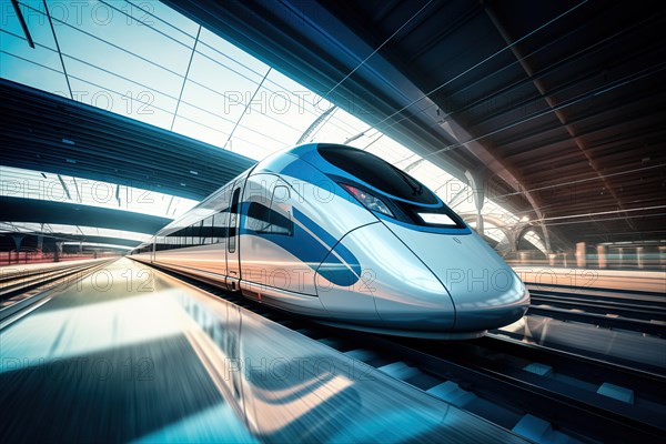 Modern high speed train in a futuristic train station. Modern transportation technology, speed, travel concepts. Railroad with motion blur effect, AI generated