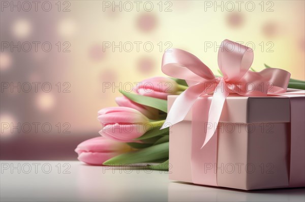 Gift Box with Pink Ribbon Beside bouquet of Fresh Tulips on Bokeh Background. Good for Valentine day, March 8, mother day, spring holidays, birthday designs, AI generated