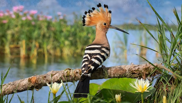 KI generated, animal, animals, bird, birds, biotope, habitat, a, individual, water, reeds, water lilies, blue sky, foraging, wildlife, hoopoe (Upupa epops), treehoppers, summer, flowers