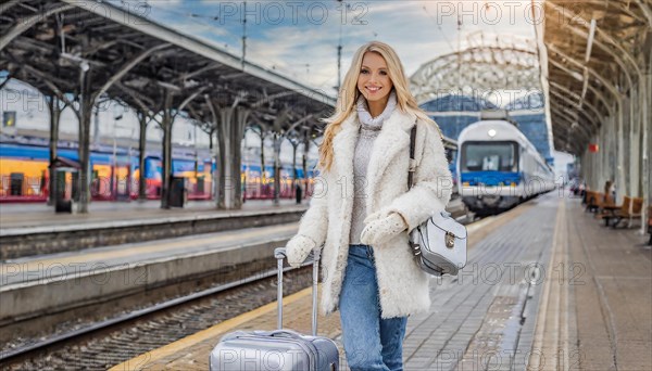 AI generated, A young blonde woman wants to travel and waits in the station for the train, 20, 25, blonde, blond, blonde, modern, noderne, aluminium suitcase, handbag, fur jacket, boots, sexy, attractive, attractive, long-haired, transport, traffic