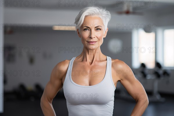 Fit toned middle aged woman with short gray hair and toned arms in fitness studio. KI generiert, generiert AI generated