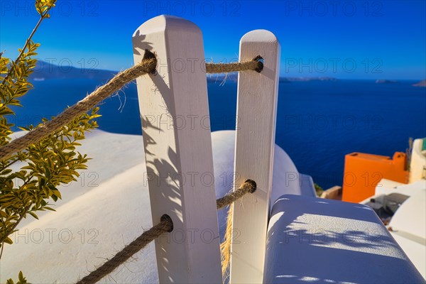 Greek architecture with sea view, Ia, Oia, Santorini, Cyclades, Greece, Europe