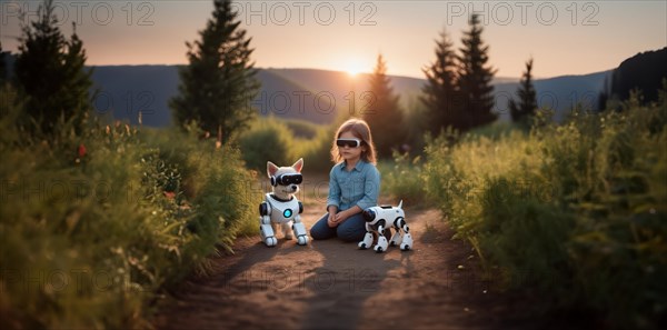 Child in VR glasses with a robot dog in nature. The concept of robotics in children's lives, AI generated